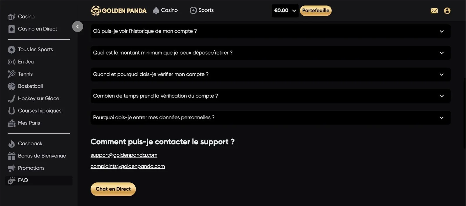 Le support client de Golden Panda 